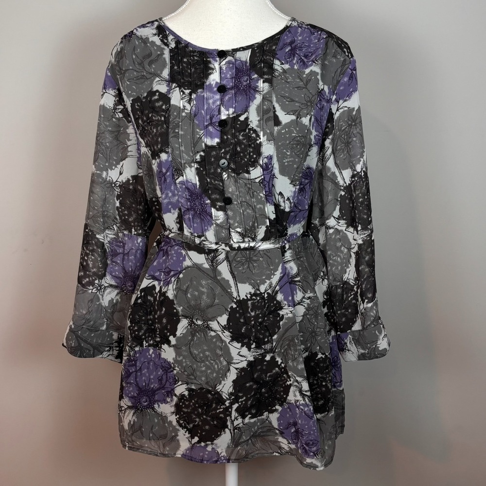 Style & Co. Womens Tie Waist Purple Floral Sheer Lined Blouse Size 14W Workwear